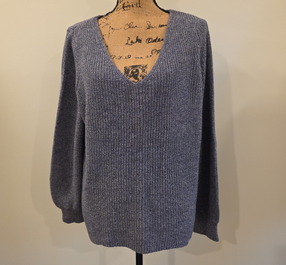 Reitmans Women's V-Neck Ribbed Sweater in Heather Slate Blue